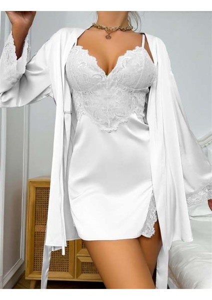 Dantel Işlemeli Ince Askılı Beyaz 2'li Saten Gecelik Sabahlık Takımı