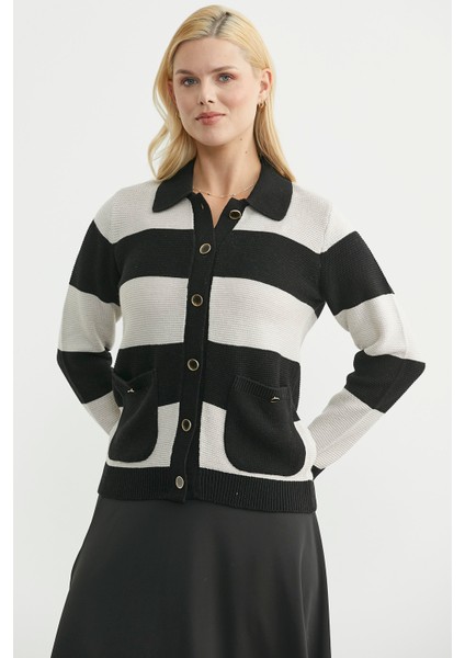 Yünlü Renk Çizgili Cepli Triko Hırka - Siyah