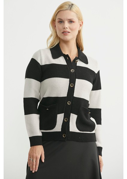 Yünlü Renk Çizgili Cepli Triko Hırka - Siyah fiyatları