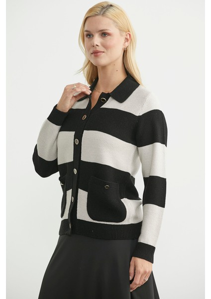 Yünlü Renk Çizgili Cepli Triko Hırka - Siyah modelleri