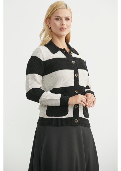 Yünlü Renk Çizgili Cepli Triko Hırka - Siyah fırsatları