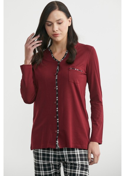 Ekose Kombinli Düğmeli Pijama Takım - Bordo