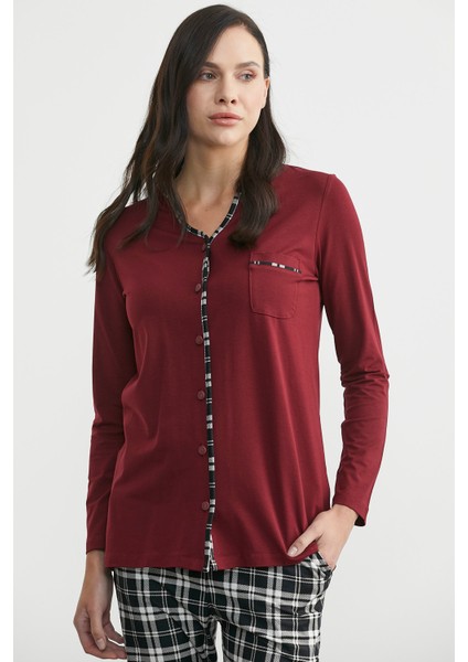 Ekose Kombinli Düğmeli Pijama Takım - Bordo modelleri