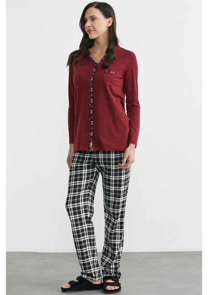 Ekose Kombinli Düğmeli Pijama Takım - Bordo fırsatları
