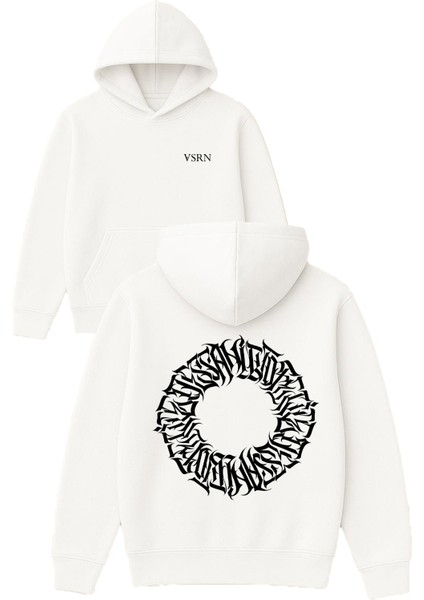 Yuvarlak Halka Tasarım Baskılı Oversize Beyaz Kapüşonlu Sweatshirt