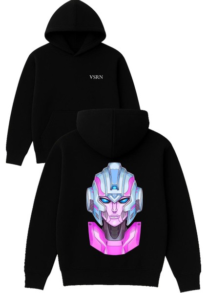 Pembe Robot Tasarım Baskılı Oversize Siyah Kapüşonlu Sweatshirt