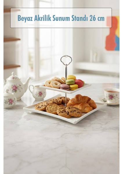 2 Katlı Beyaz Akrilik Meyvelik & Kurabiyelik & Sunum Standı - 26 cm