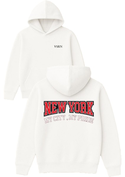 New York My Cıty Tasarım Baskılı Oversize Beyaz Kapüşonlu Sweatshirt