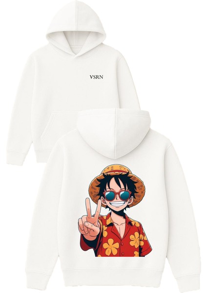 Şapkalı Gözlüklü Anime Tasarım Baskılı Oversize Beyaz Kapüşonlu Sweatshirt
