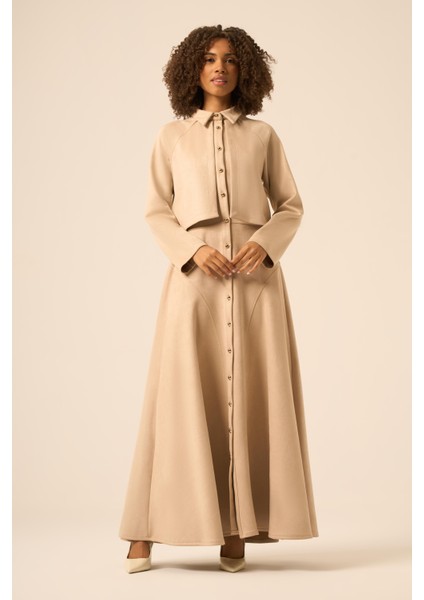 Bayan Scuba Süet Bolerolu Elbise Beige 31255