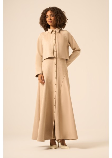 Bayan Scuba Süet Bolerolu Elbise Beige 31255 fiyatları