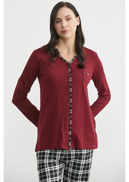 Ekose Kombinli Düğmeli Pijama Takım - Bordo indirimleri