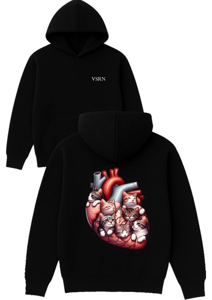 Cat Kalp Tasarım Baskılı Oversize Siyah Kapüşonlu Sweatshirt