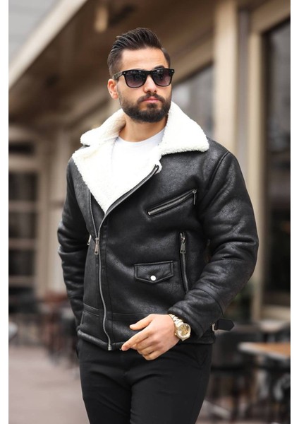 Erkek Biker Retro Içi Kürk Kaplı Napa Nubuk Deri Ceket