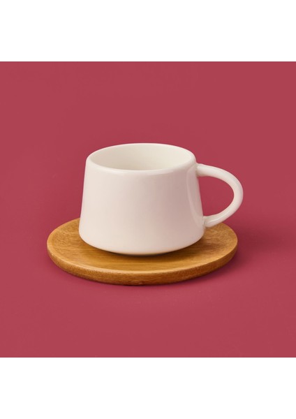 Bambu Tabaklı Fincan Seti - Açık Kahverengi / Beyaz - 90 ml