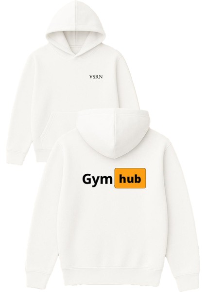 Gym Hub Tasarım Baskılı Oversize Beyaz Kapüşonlu Sweatshirt
