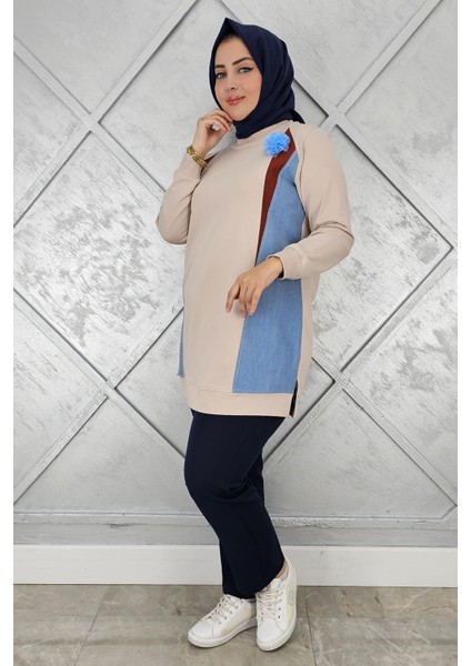 Kadın Kombinli Tül Çiçek Detaylı Tesettür Tunik