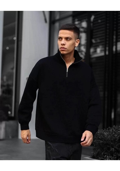 Erkek Yarım Fermuarlı Üç Iplik Sweatshirt - Siyah