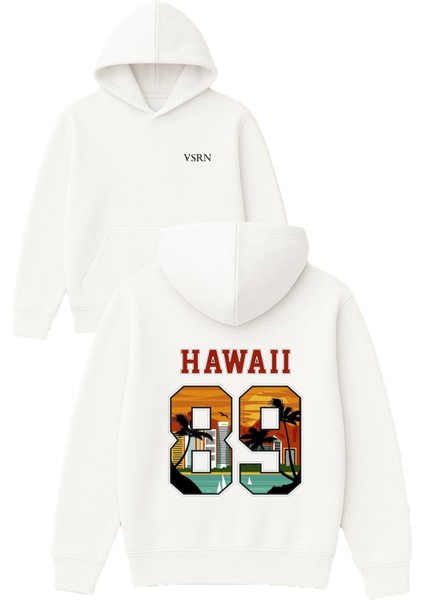 Hawaı 89 Tasarım Baskılı Oversize Beyaz Kapüşonlu Sweatshirt