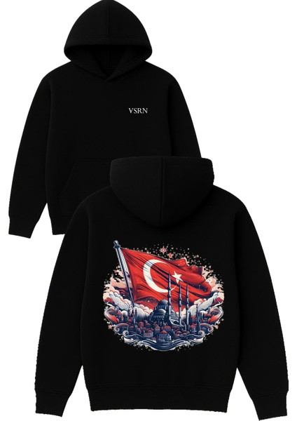 Osmanlı Türk Bayrağı Tasarım Baskılı Oversize Siyah Kapüşonlu Sweatshirt