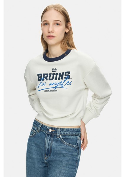 Mello Kemik Rengi Bisiklet Yaka Crop Baskılı Loose Fit Kadın Sweatshirt