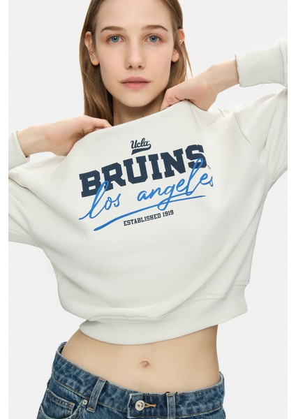 Mello Kemik Rengi Bisiklet Yaka Crop Baskılı Loose Fit Kadın Sweatshirt fiyatları