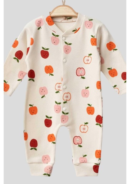 Yenidoğan Bebek Elma Baskılı Çıtçıtlı Bebek Tulumu %100 Pamuk Esnek 1-3-6 Aylık Unısex indirimleri