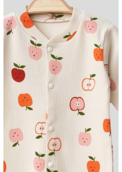 Yenidoğan Bebek Elma Baskılı Çıtçıtlı Bebek Tulumu %100 Pamuk Esnek 1-3-6 Aylık Unısex