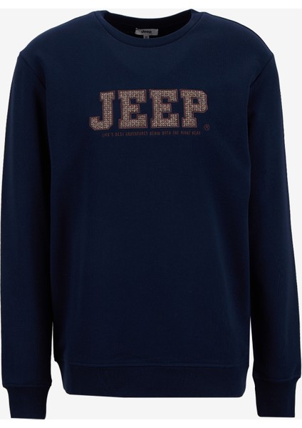 Bisiklet Yaka Nakışlı Lacivert Erkek Sweatshırt J5WM-SWT7571