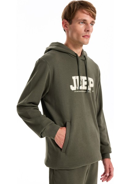 Kapüşon Yaka Baskılı Haki Erkek Sweatshırt J5WM-SWT7294