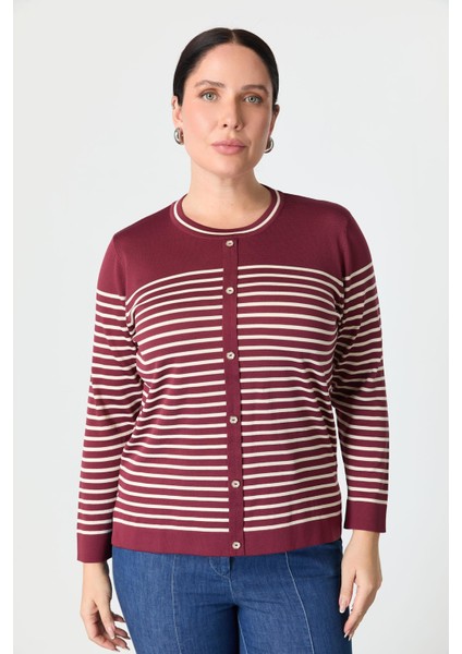 Büyük Beden Çizgili Triko Kazak-Bordo