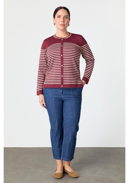 Büyük Beden Çizgili Triko Kazak-Bordo fiyatları