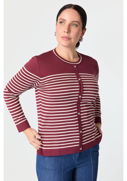 Büyük Beden Çizgili Triko Kazak-Bordo fırsatları