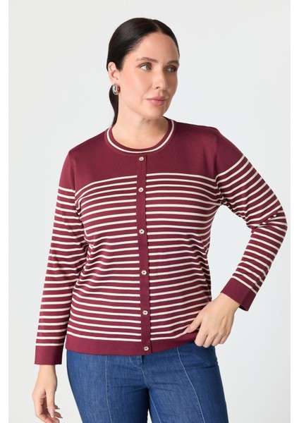 Büyük Beden Çizgili Triko Kazak-Bordo indirimleri