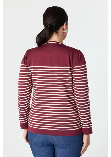 Büyük Beden Çizgili Triko Kazak-Bordo