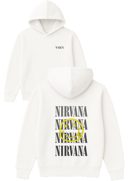 Nırvana Nırvana Tasarım Baskılı Oversize Beyaz Kapüşonlu Sweatshirt