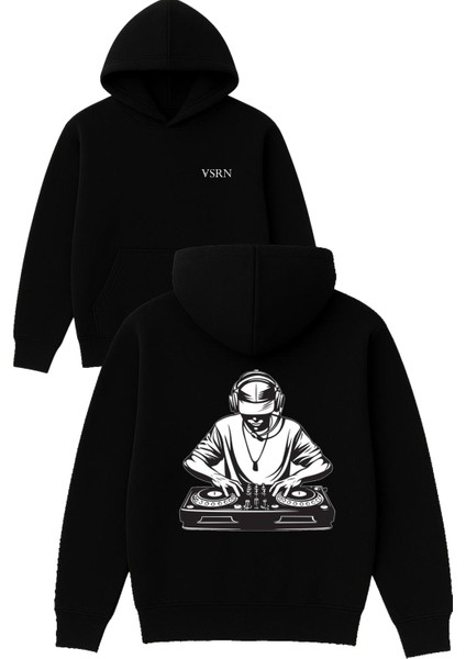 Dj Adam Tasarım Baskılı Oversize Siyah Kapüşonlu Sweatshirt