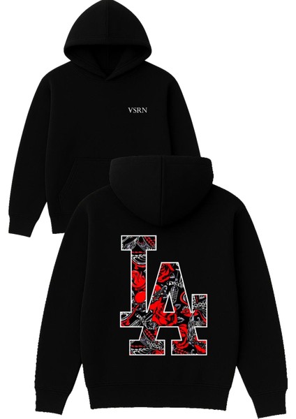 Kırmızı Detaylı Los Angeles Tasarım Baskılı Oversize Siyah Kapüşonlu Sweatshirt