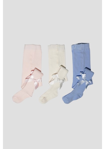 3 Adet Kurdele Aksesuarlı Pamuklu Kız Çocuk ve Bebek Külotlu Çorap