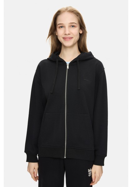 Vıvıana Siyah Kapüşonlu Baskılı Fermuarlı Standard Fit Kadın Sweatshirt