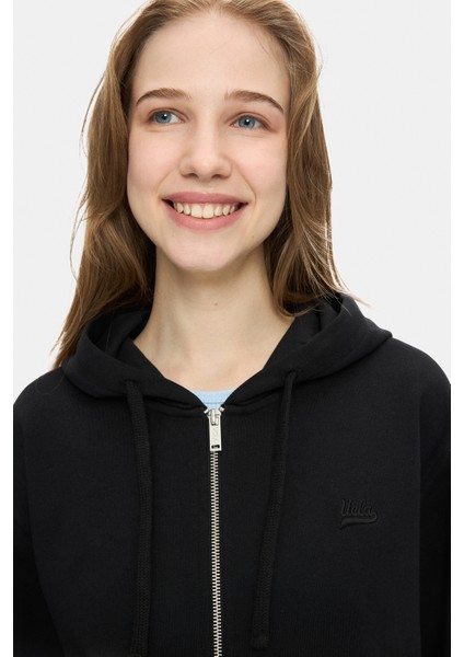 Vıvıana Siyah Kapüşonlu Baskılı Fermuarlı Standard Fit Kadın Sweatshirt fiyatları