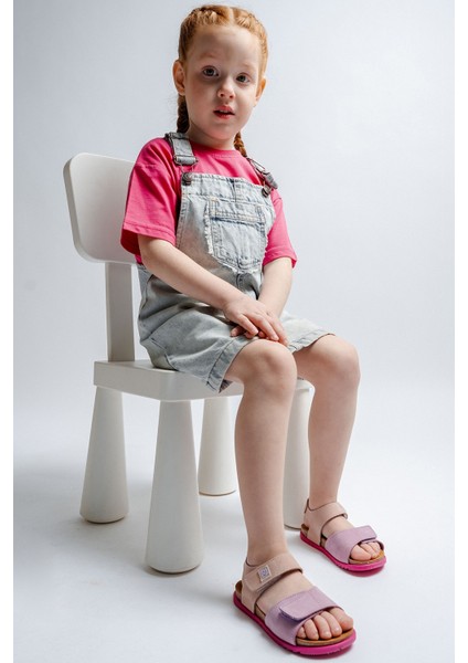 Unisex Çocuk Lila-Pembe Hakiki Deri Mantar Tabanlı Günlük Çocuk Sandalet