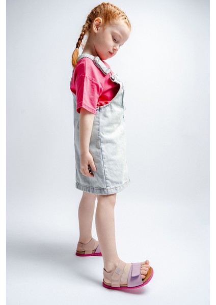 Unisex Çocuk Lila-Pembe Hakiki Deri Mantar Tabanlı Günlük Çocuk Sandalet