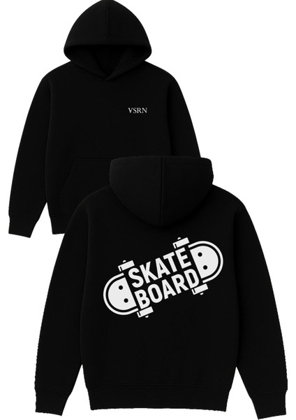Kaykay Skate Board Tasarım Baskılı Oversize Siyah Kapüşonlu Sweatshirt