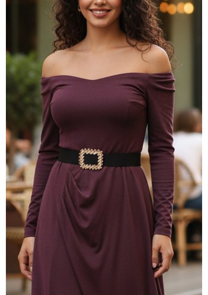 Pınkmark Kadın Gold Kaplamalı Baget Taşlı Zirkon Dikdörtgen 4cm Genişlik Ayarlanabilir Lastik Kemer PMKM25703