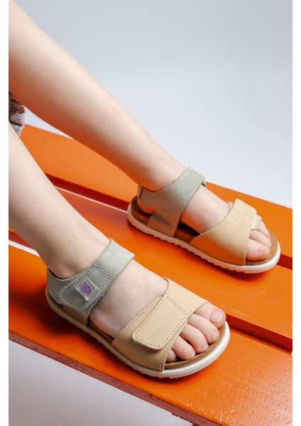 Unisex Çocuk Sarı-Su Yeşili Hakiki Deri Mantar Tabanlı Günlük Çocuk Sandalet