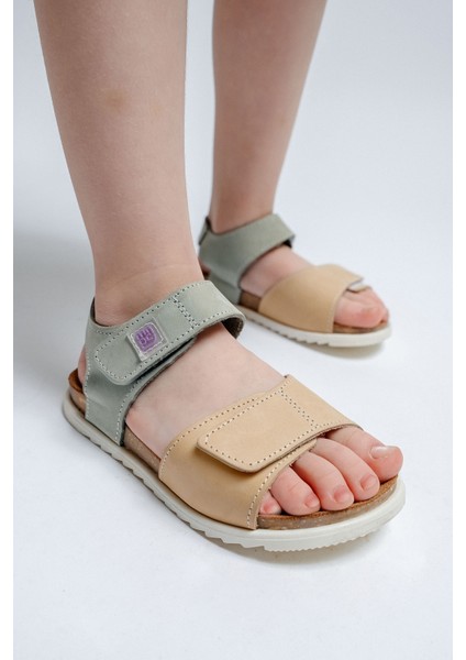Unisex Çocuk Sarı-Su Yeşili Hakiki Deri Mantar Tabanlı Günlük Çocuk Sandalet