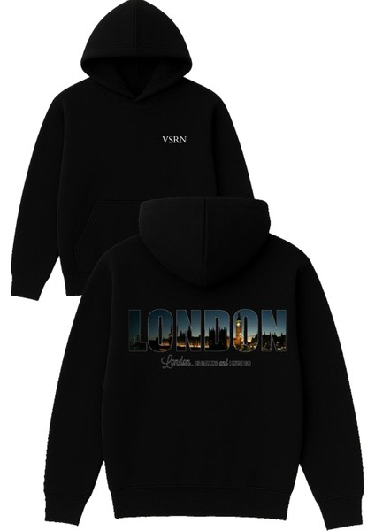 London Is Callıng Tasarım Baskılı Oversize Siyah Kapüşonlu Sweatshirt