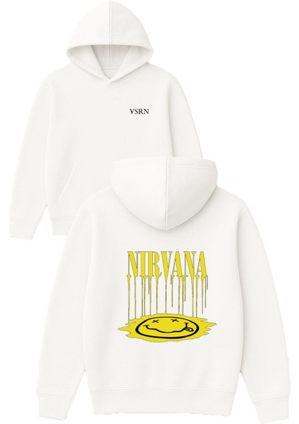 Akan Nırvana Sarı Tasarım Baskılı Oversize Beyaz Kapüşonlu Sweatshirt