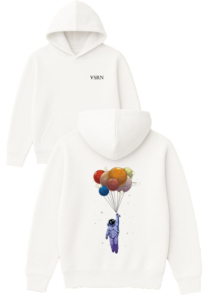 Gezegenlere Tutunmuş Astronot Tasarım Baskılı Oversize Beyaz Kapüşonlu Sweatshirt